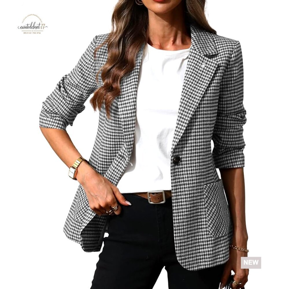 Women's Plaid Blazer with Embroidered Collar, Houndstooth Business Casual Jacket